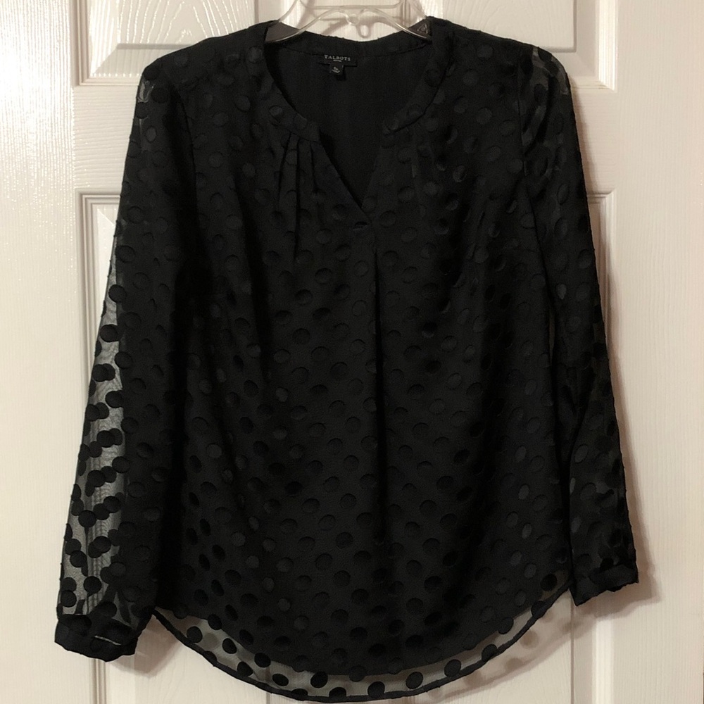 Talbots Black Textured Dot Blouse Size SP - Petite Small Long chiffon sleeves